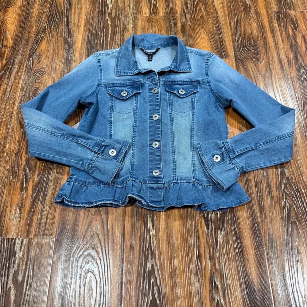 Baccini Womens Blue Ruffle Hem Denim Jacket Medium Wash Stretch Size S
